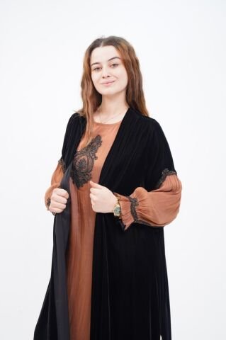 Dantel Detay Abaya Takım Kahve - 40-48