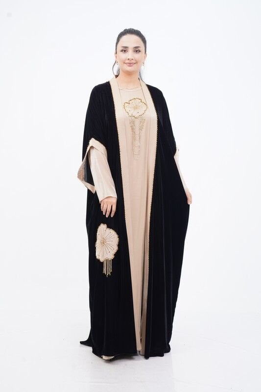 Taş Sallantılı Abaya Takım Siyah Bej - 40-48