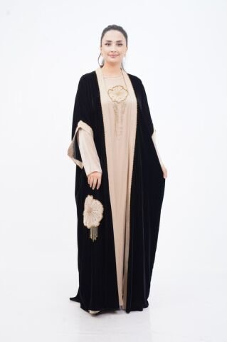 Taş Sallantılı Abaya Takım Siyah Bej - 40-48