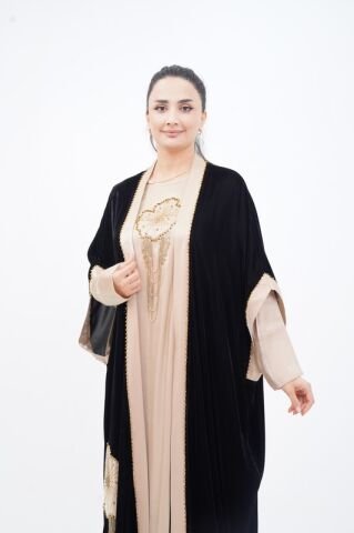 Taş Sallantılı Abaya Takım Siyah Bej - 40-48
