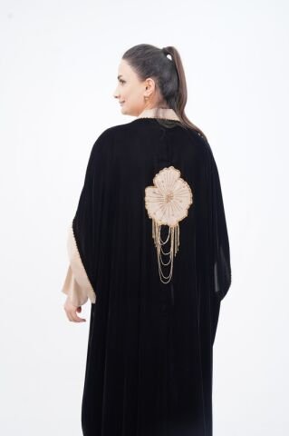 Taş Sallantılı Abaya Takım Siyah Bej - 40-48