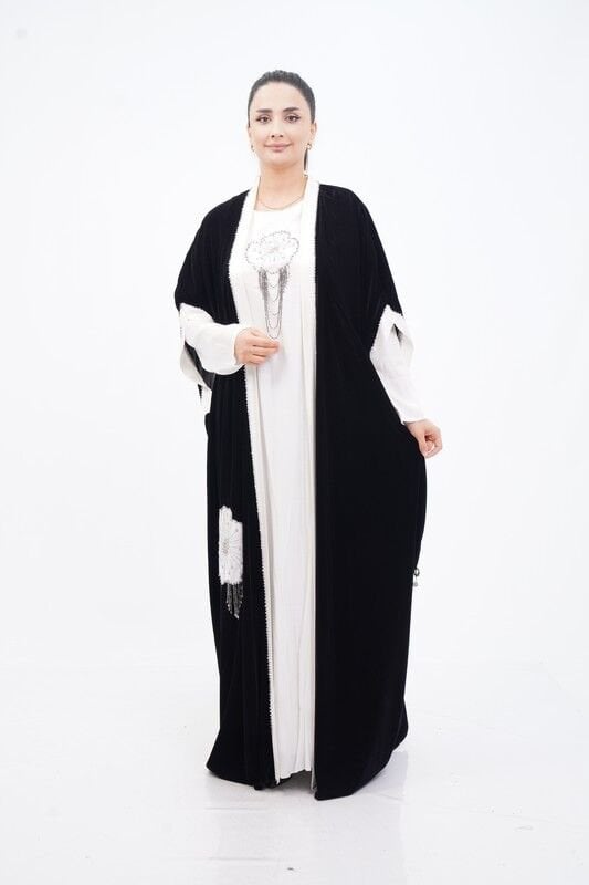 Taş Sallantılı Abaya Takım Siyah Beyaz - 40-48