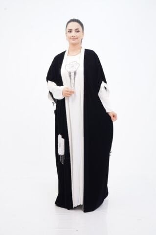 Taş Sallantılı Abaya Takım Siyah Beyaz - 40-48