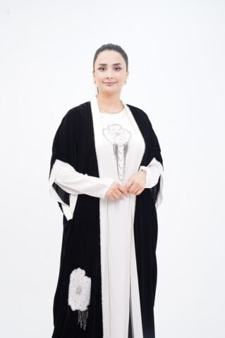 Taş Sallantılı Abaya Takım Siyah Beyaz - 40-48