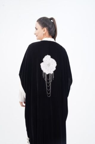 Taş Sallantılı Abaya Takım Siyah Beyaz - 40-48