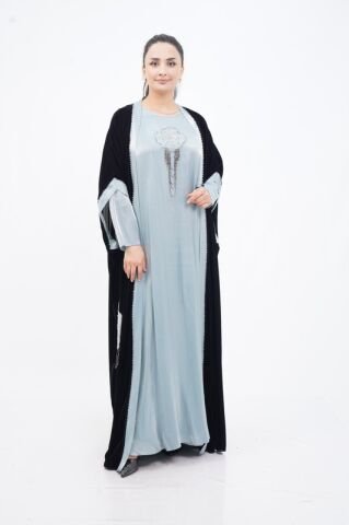 Taş Sallantılı Abaya Takım Siyah Mint - 40-48