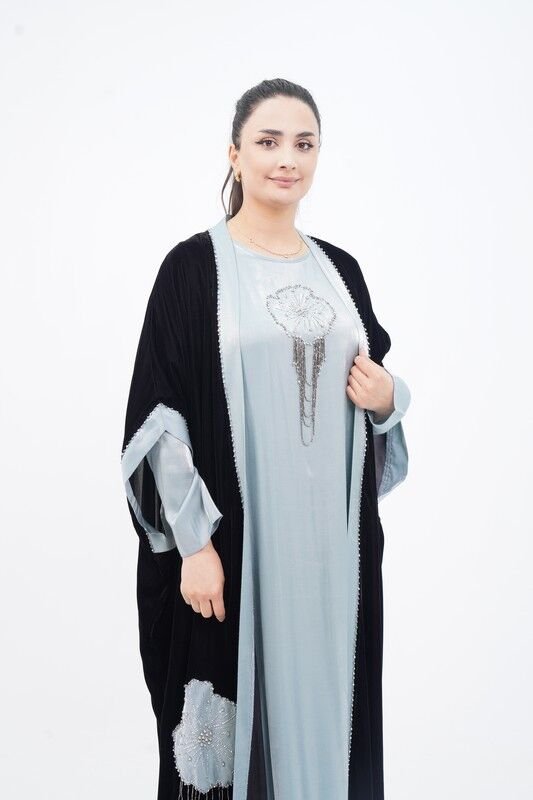 Taş Sallantılı Abaya Takım Siyah Mint - 40-48