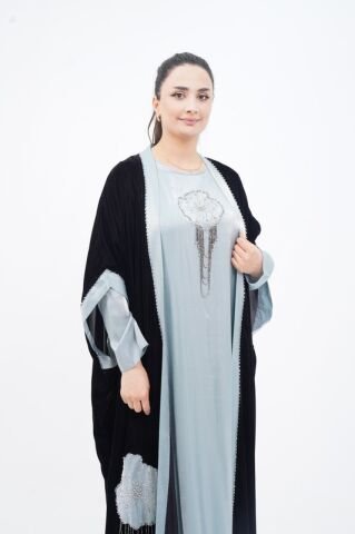 Taş Sallantılı Abaya Takım Siyah Mint - 40-48