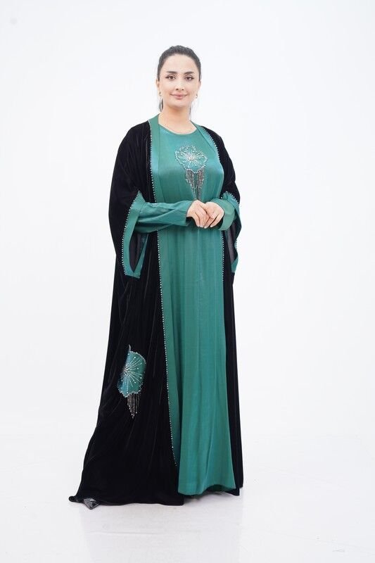 Taş Sallantılı Abaya Takım Siyah Yeşil - 40-48