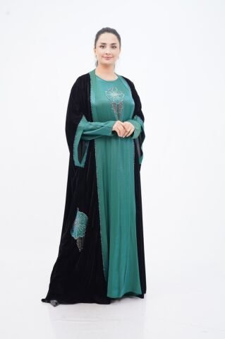 Taş Sallantılı Abaya Takım Siyah Yeşil - 40-48