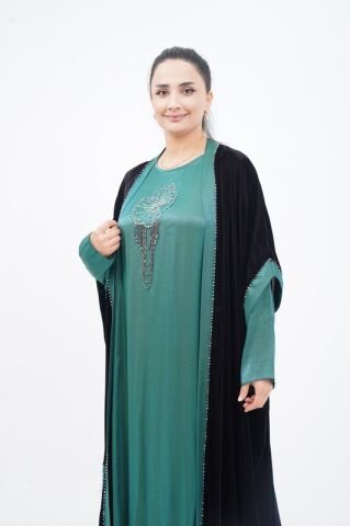 Taş Sallantılı Abaya Takım Siyah Yeşil - 40-48