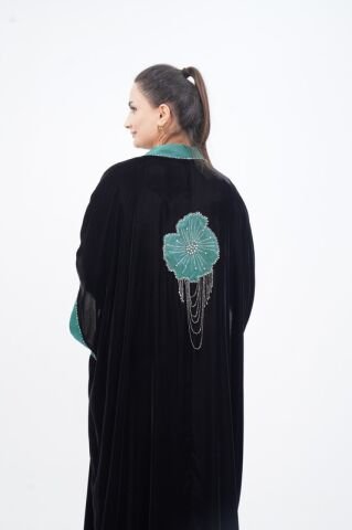 Taş Sallantılı Abaya Takım Siyah Yeşil - 40-48