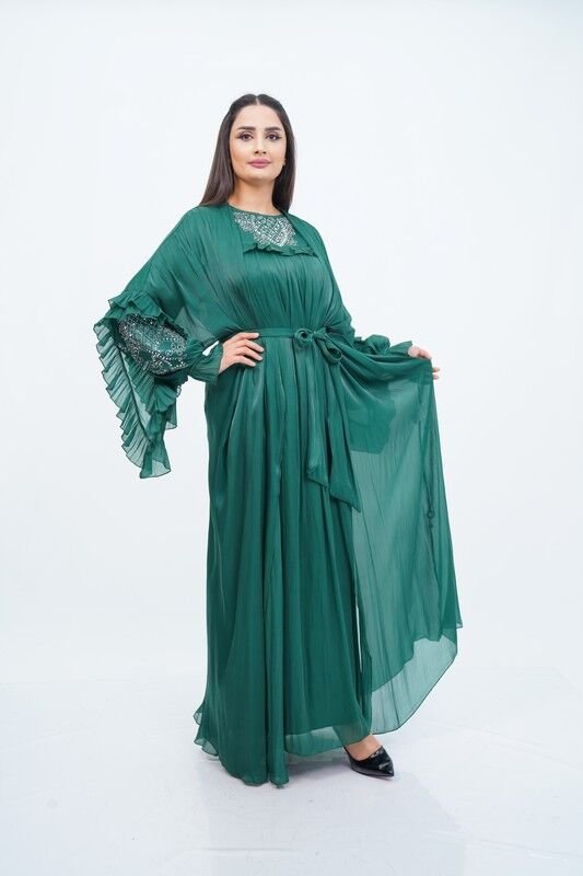 Fırfır Detaylı Abaya Takım Zümrüt - 40-48
