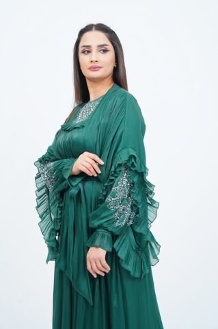 Fırfır Detaylı Abaya Takım Zümrüt - 40-48