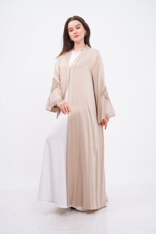 Tensel Aplikeli Abaya Takım Bej - 40-48
