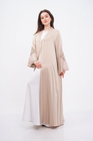 Tensel Aplikeli Abaya Takım Bej - 40-48
