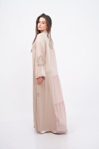 Tensel Aplikeli Abaya Takım Bej - 40-48