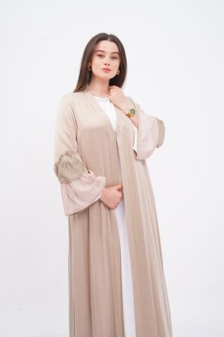 Tensel Aplikeli Abaya Takım Bej - 40-48