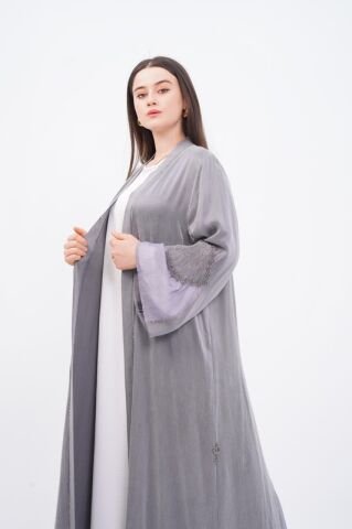 Tensel Aplikeli Abaya Takım Gri - 40-48