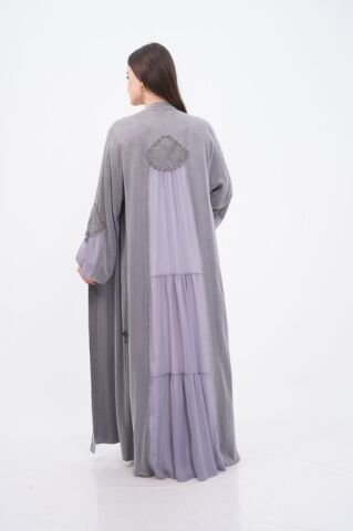 Tensel Aplikeli Abaya Takım Gri - 40-48
