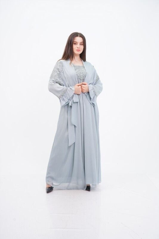 Düşük Omuz Aplikeli Abaya Takım Gri - 40-48