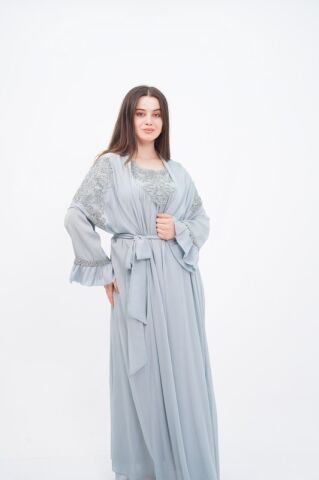 Düşük Omuz Aplikeli Abaya Takım Gri - 40-48
