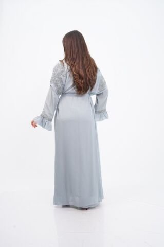 Düşük Omuz Aplikeli Abaya Takım Gri - 40-48