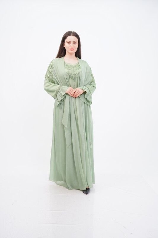 Düşük Omuz Aplikeli Abaya Takım Yeşil - 40-48