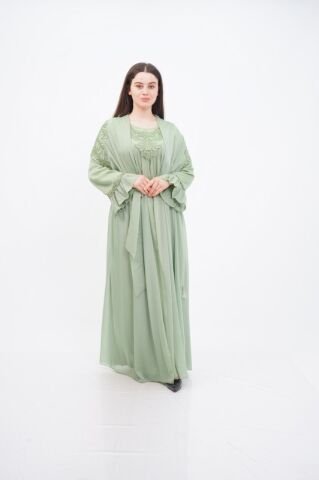 Düşük Omuz Aplikeli Abaya Takım Yeşil - 40-48