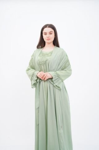 Düşük Omuz Aplikeli Abaya Takım Yeşil - 40-48