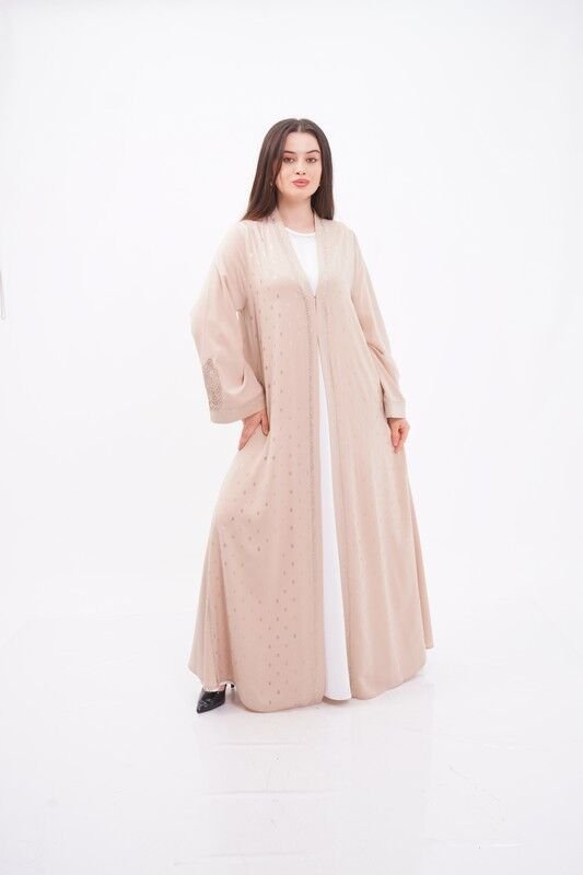 Volanlı Varak Baskı Dökümlü Abaya Takım Bej - 40-48
