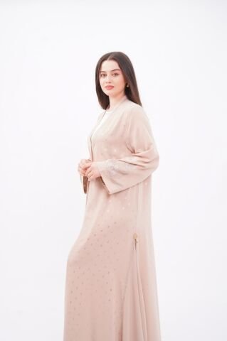 Volanlı Varak Baskı Dökümlü Abaya Takım Bej - 40-48