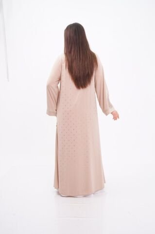 Volanlı Varak Baskı Dökümlü Abaya Takım Bej - 40-48