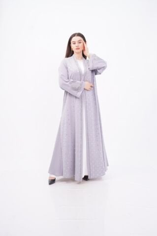 Volanlı Varak Baskı Dökümlü Abaya Takım Gri - 40-48