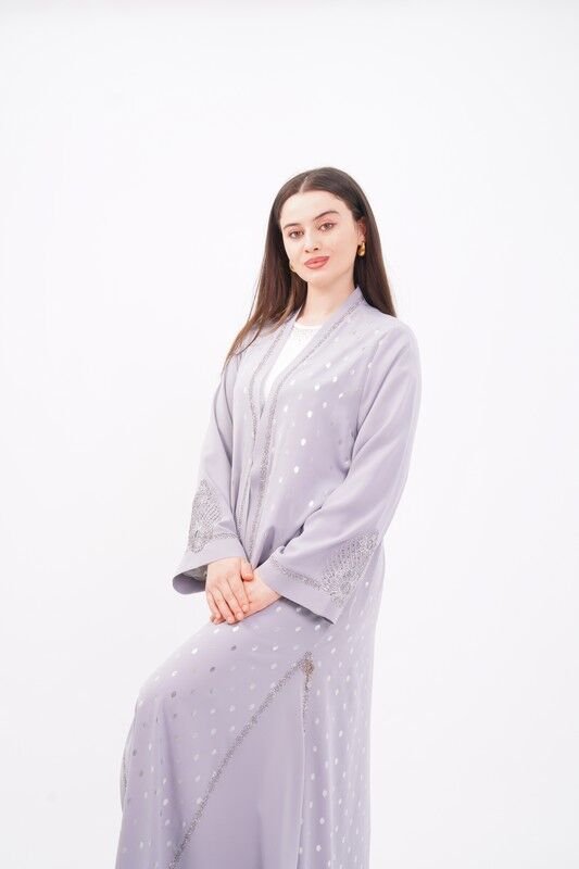 Volanlı Varak Baskı Dökümlü Abaya Takım Gri - 40-48