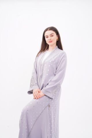 Volanlı Varak Baskı Dökümlü Abaya Takım Gri - 40-48