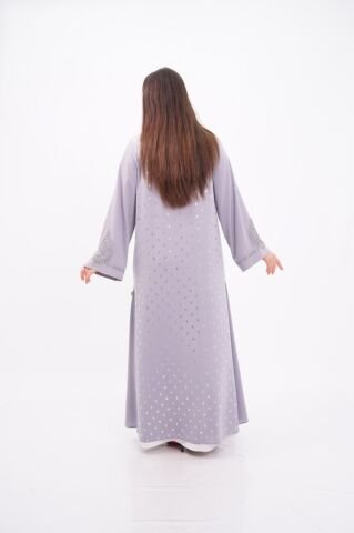 Volanlı Varak Baskı Dökümlü Abaya Takım Gri - 40-48