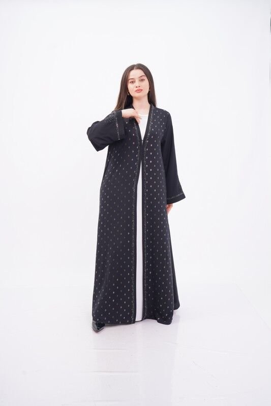 Volanlı Varak Baskı Dökümlü Abaya Takım Siyah - 40-48