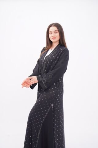 Volanlı Varak Baskı Dökümlü Abaya Takım Siyah - 40-48