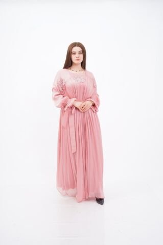 Dantel Aplikeli Dökümlü Abaya Takım Pudra - 40-48