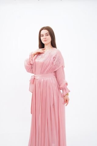 Dantel Aplikeli Dökümlü Abaya Takım Pudra - 40-48