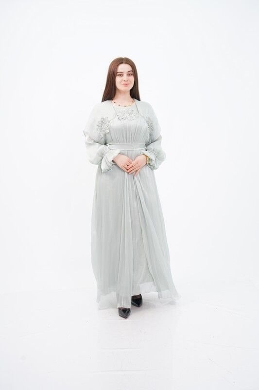 Dantel Aplikeli Dökümlü Abaya Takım Gri - 40-48