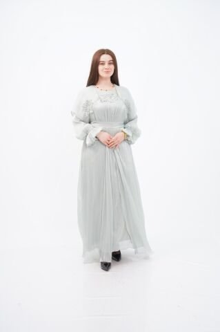 Dantel Aplikeli Dökümlü Abaya Takım Gri - 40-48