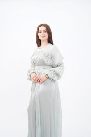 Dantel Aplikeli Dökümlü Abaya Takım Gri - 40-48