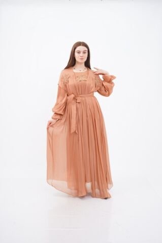 Dantel Aplikeli Dökümlü Abaya Takım Camel - 40-48
