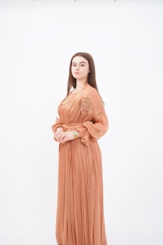 Dantel Aplikeli Dökümlü Abaya Takım Camel - 40-48