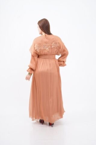 Dantel Aplikeli Dökümlü Abaya Takım Camel - 40-48