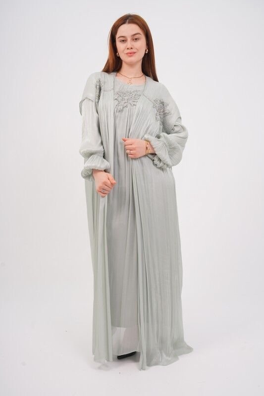 Dantel Aplikeli Dökümlü Abaya Takım Çağla - 40-48