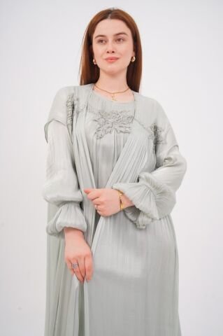 Dantel Aplikeli Dökümlü Abaya Takım Çağla - 40-48
