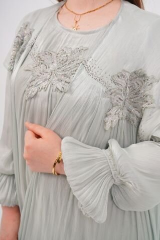 Dantel Aplikeli Dökümlü Abaya Takım Çağla - 40-48